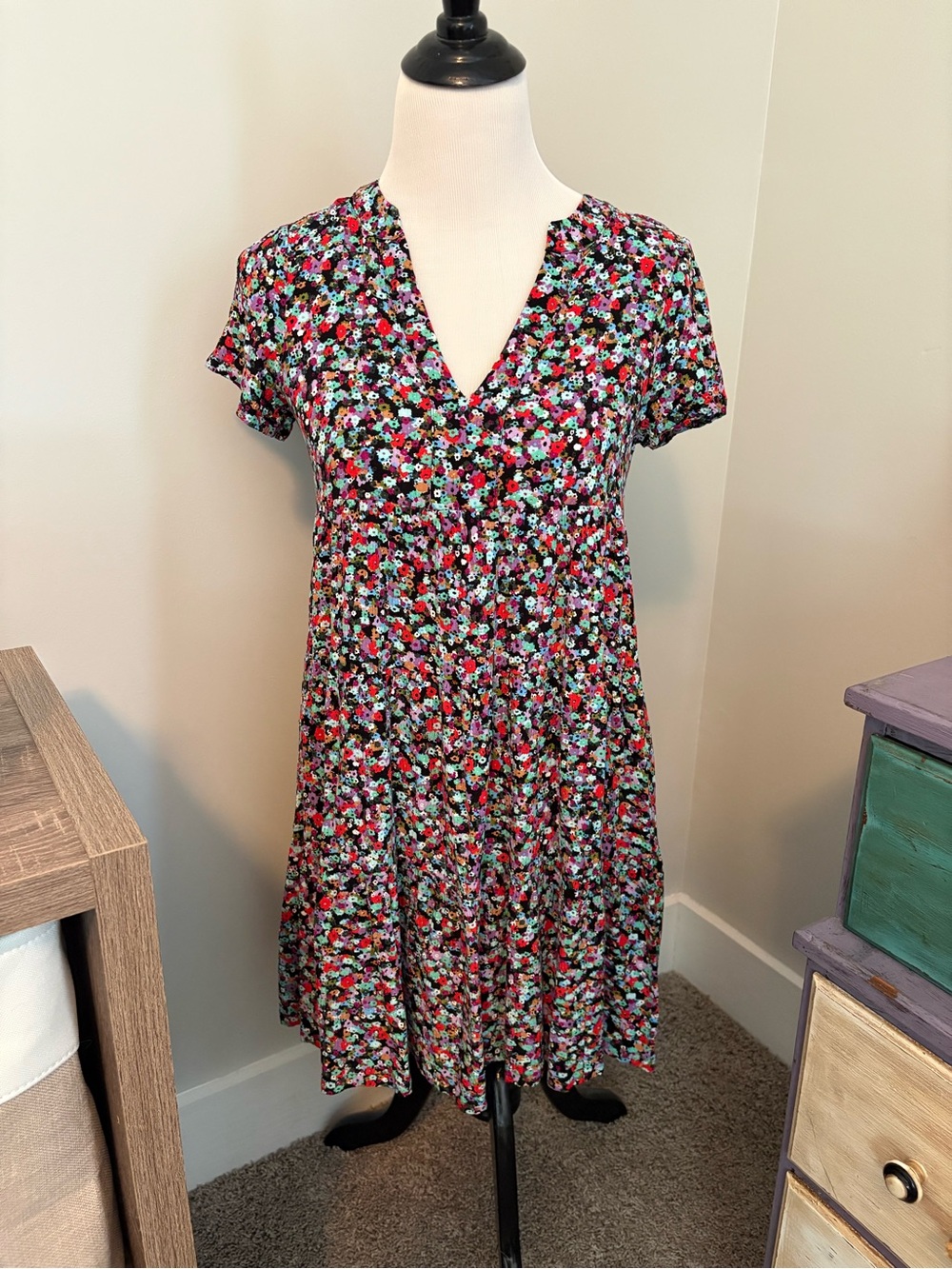 Maeve Floral V-Neck Short Sleeve Dress - Black Multi